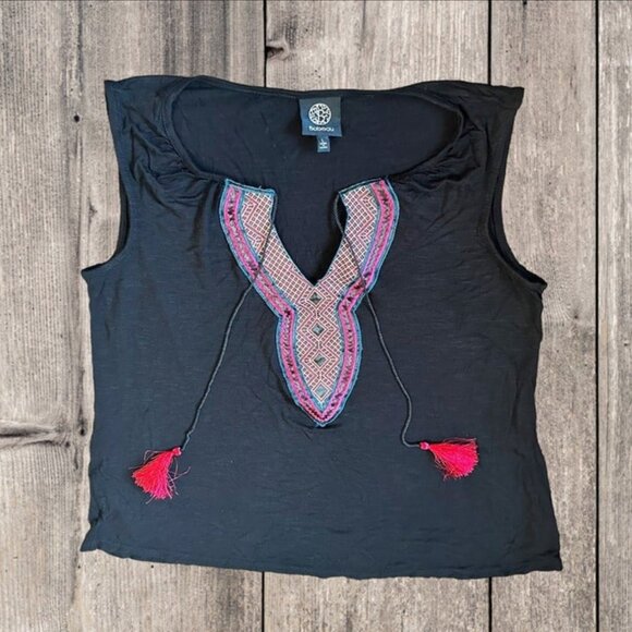 Bobeau Black Sleeveless Tank Top Tunic with Embroidered Design & Tassels Size L - Picture 4 of 11